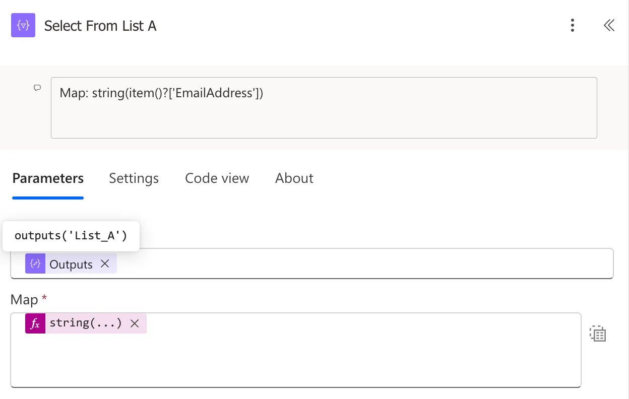 The Select From List A action after pasting the Peek code: Outputs set to the List A output, Map showing string(item()?['EmailAddress']).