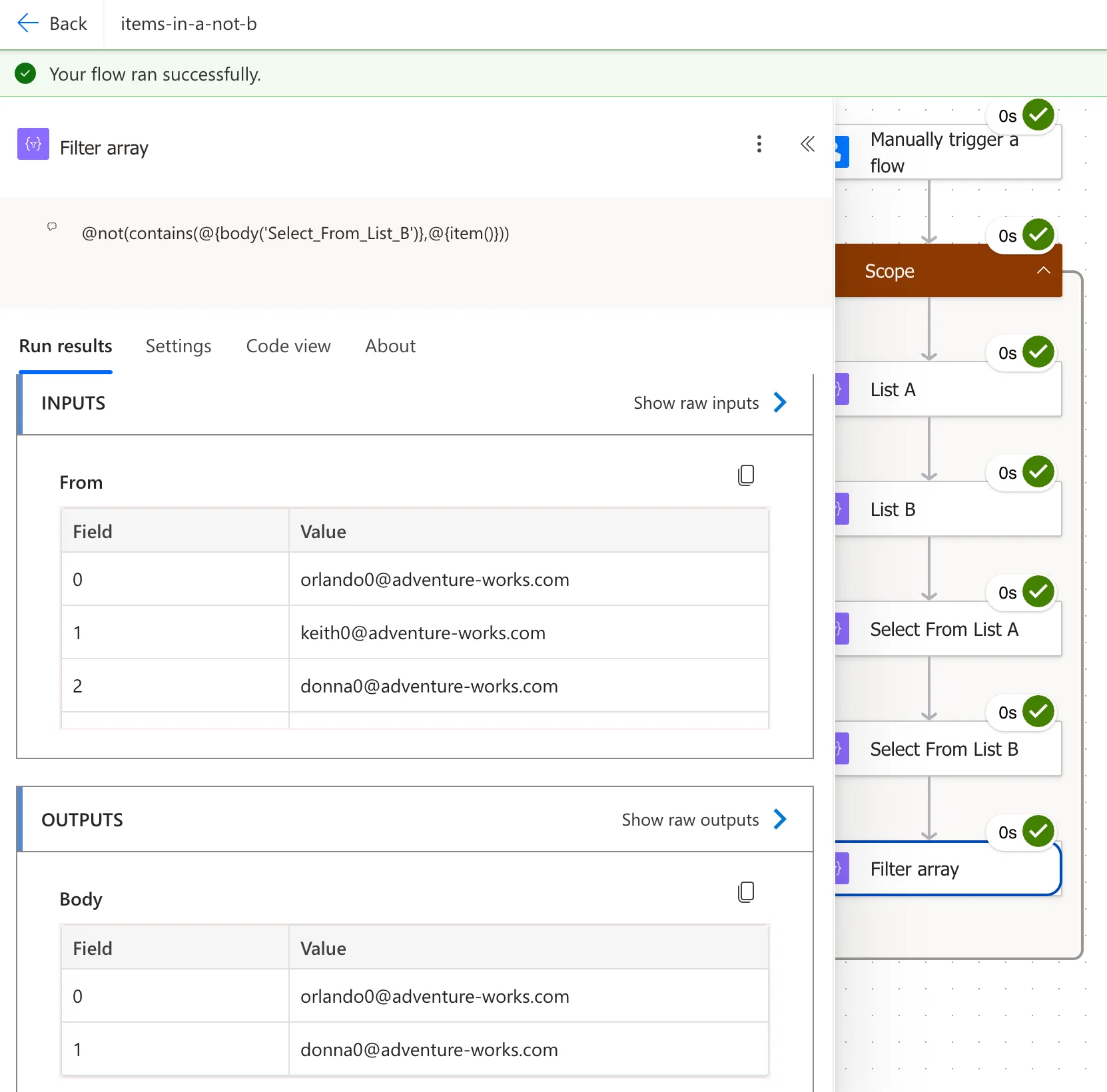 Run history showing the Filter array output with orlando0@adventure-works.com and donna0@adventure-works.com.